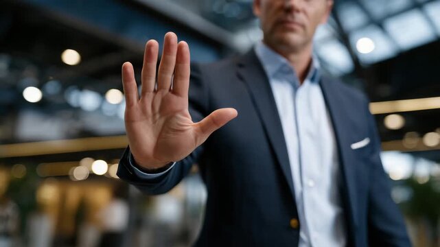 Professional corporate environment with a businessman confidently declining a handshake by raising his hand in a stop motion, handshake frozen mid-air, sleek modern office d&eacute;cor so
