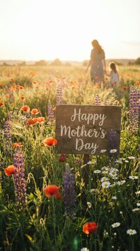 Happy Mother's Day Sign in Wildflower Meadow with Mother and Child