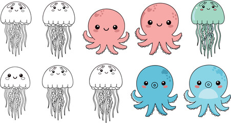 Cute jellyfish and octopus kawaii vector set with cartoon sea creatures, adorable marine animals collection for kids design and clipart use © EdGe Creative