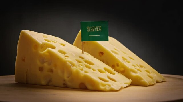 Elegant duo of bright golden cheese wedges with clear round cavities on wooden base, adorned with Saudi Arabia flag on toothpick.