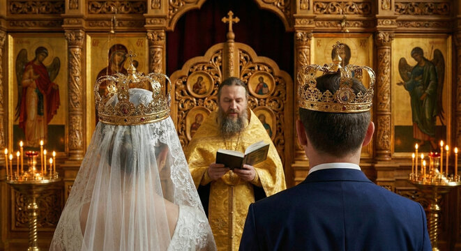 Orthodox wedding crowning ceremony with priest in gold vestments, couple in ornate metal crowns before church iconostasis.