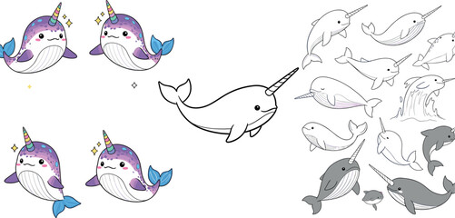 Cute kawaii narwhal vector set with pastel colors, cartoon sea unicorn characters, ocean animals illustration bundle for kids design © EdGe Creative