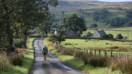Obraz premium A man is walking, he walks alone along the long road, a bucolic place, on both sides of the road large green fields, a long fence encloses part of the green field where some animals are 