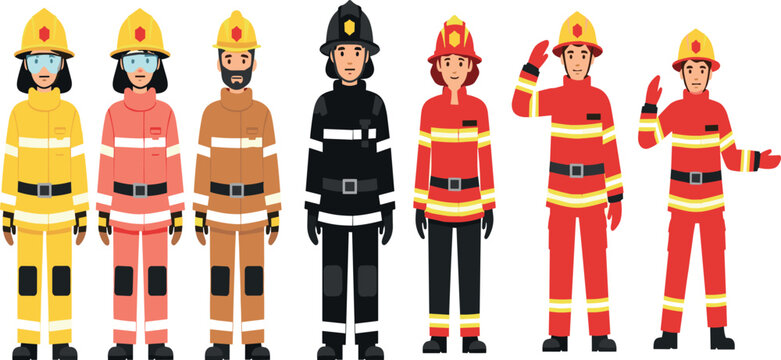 Firefighter characters set with different uniforms and poses flat vector illustration emergency service workers collection isolated background