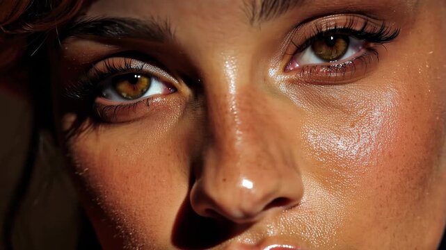 Closeup of a beautiful Latina woman with glowing skin showcasing her radiant features and expressive eyes in warm, natural lighting