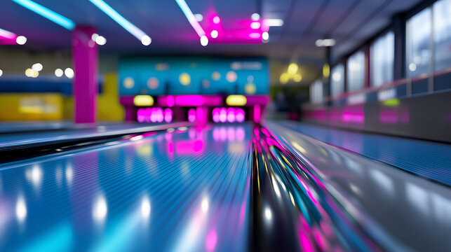 Neon-lit bowling alley lane with vibrant reflections and dynamic perspective view.