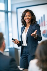 Obraz premium Professional businesswoman in dark navy suit smiles confidently while presenting to colleagues in bright modern office