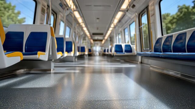 Side-profile perspective of a modern train car, vacant seats aligned perfectly along the aisle, subtle floor reflections and polished metal poles, long vanishing-point perspective