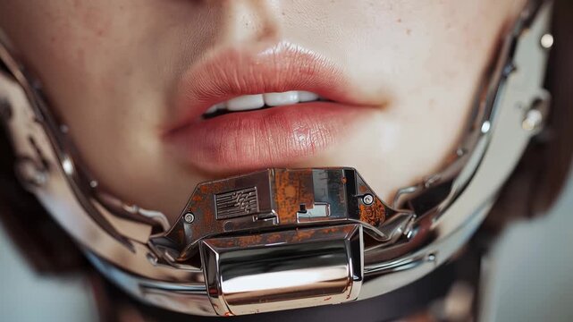 Female robot face showcases cutting-edge artificial intelligence technology with intricate facial features and realistic skin texture