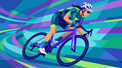 Fototapeta premium An energetic cyclist is captured in motion against a backdrop of swirling colors, representing speed, determination, and the thrill of athletic achievement.