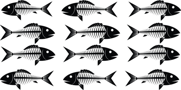 Collection of black fish skeletons on transparent background.