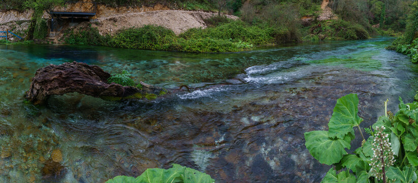 Picturesque turquoise water spring Blue Eye or Syri i Kalter in beautiful green landscape, Muzine, Albania