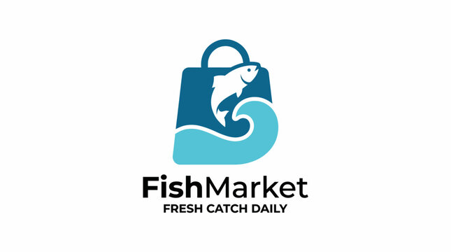 An attractive logo design for a fish market displaying a fish swimming within a shopping bag symbolizes freshness and quality seafood, suitable for branding and marketing.