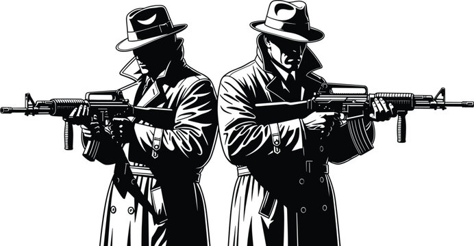 Two gangsters in trench coats and hats holding assault rifles ready for action.