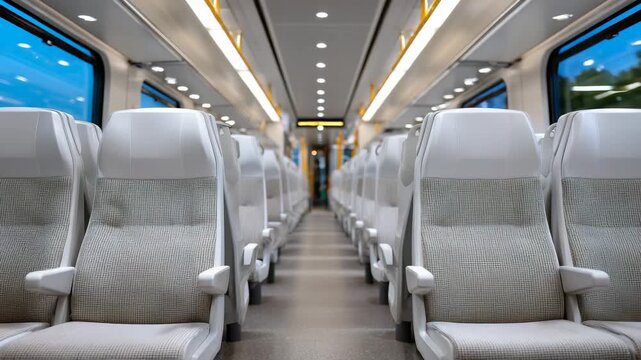 Symmetrical composition of an empty commuter train interior, rows of ergonomic seats in neutral tones, overhead LED lighting casting soft even illumination, reflections along the a