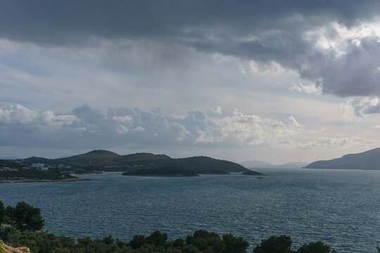 Beautiful coastal landscape of with small islands and island Corfu in the bay of Ksamil, Albania