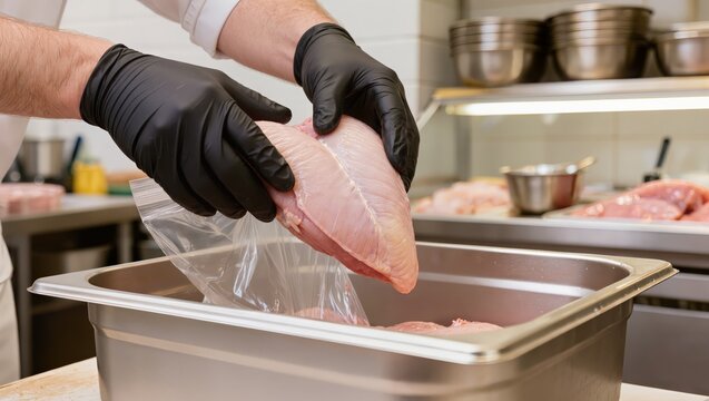 Professional chef's gloved hands meticulously preparing raw chicken breasts for vacuum sealing in a commercial kitchen emphasizing hygiene food safety and efficient food preservation reflecting commit