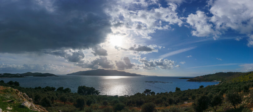 Panorama of beautiful coastal landscape of with small islands and island Corfu in the bay of Ksamil, Albania