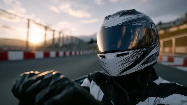 Warm golden-hour portrait of motorsport gear arranged on a kart seat, helmet visor reflecting streaks of sunlight, gloves textured and slightly creased, background softly blurred w