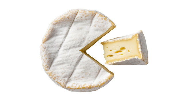 Round brie cheese with a slice removed, isolated on transparent background