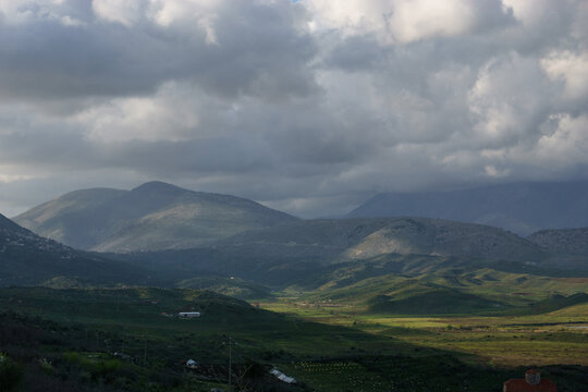 Beautiful albanian landscape with mountains and settlement of Finiq in the valley, Finiq, Vlore, Albania