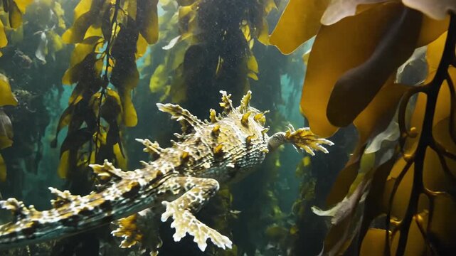 Leafy Seadragon Swimming Through Kelp Forest Underwater