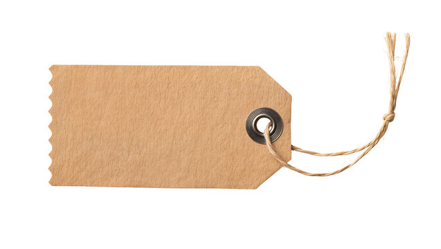 Brown kraft paper luggage tag with metal eyelet and twine, isolated on transparent background