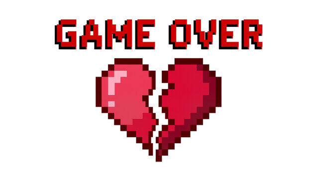 Pixelated red GAME OVER text and broken heart isolated on transparent background