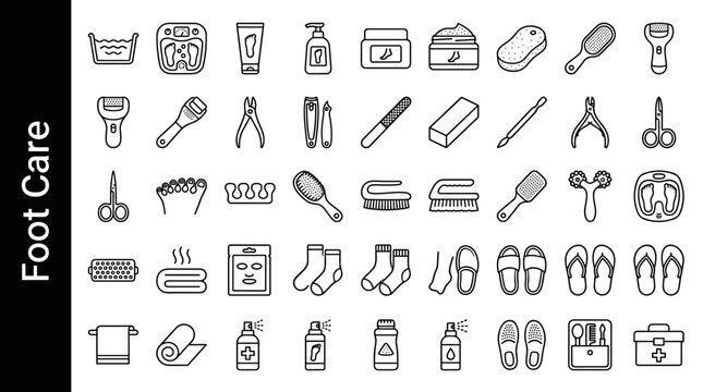 Foot care items including foot bath tub, foot spa machine, foot cream tube, foot lotion bottle, heel balm, foot scrub jar, pumice