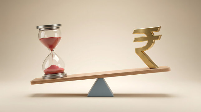 Balance Scale with Indian Rupee Symbol and Hourglass Representing Time Value of Money