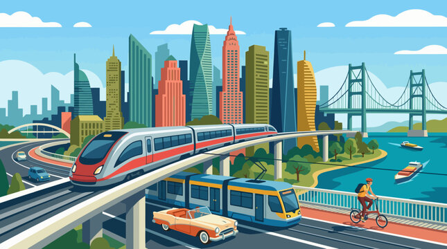 A bustling urban transit scene showcases a high-speed train, streetcar, and bikes against a vibrant city skyline, reflecting modern infrastructure and public transportation.