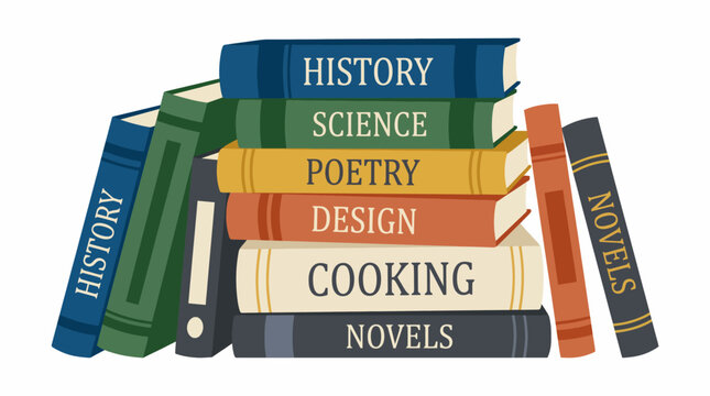 This image features a vibrant stack of books covering diverse topics like history, science, poetry, and cooking, representing the richness of knowledge and learning.