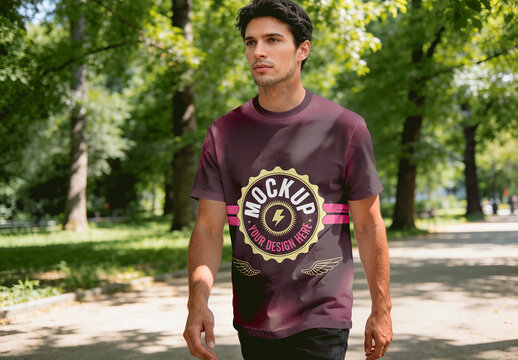 T Shirt Mockup Park With Lush Green Trees