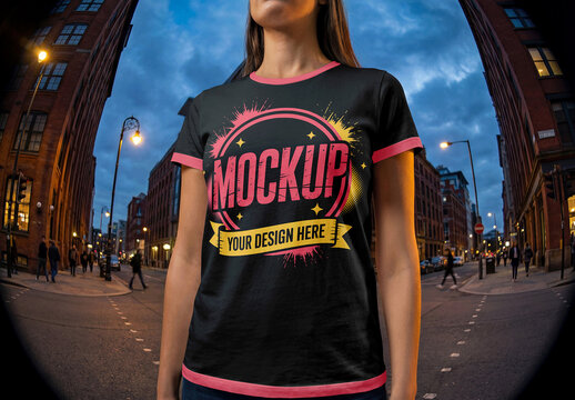 T Shirt Mockup On Woman Model Fisheye Lens