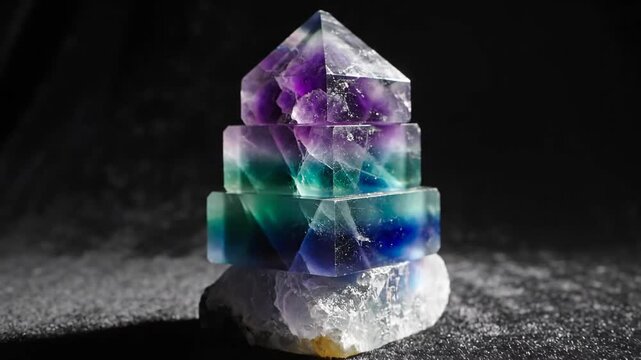 A stacked fluorite crystal with beautiful iridescent colors