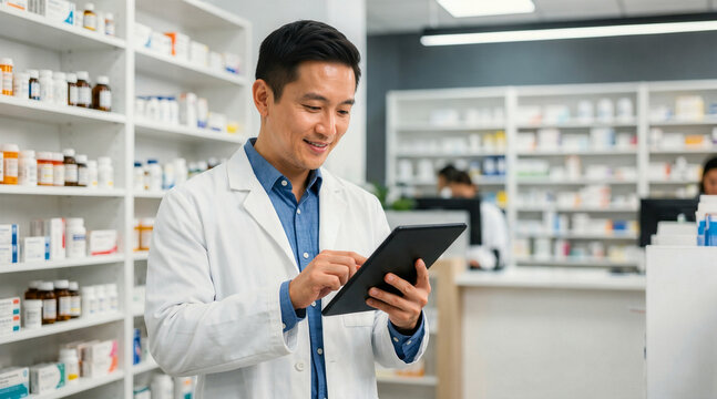 Asian male pharmacist using a tablet in a modern pharmacy. Smiling healthcare professional in a white coat checking digital prescriptions. Labor Day concept