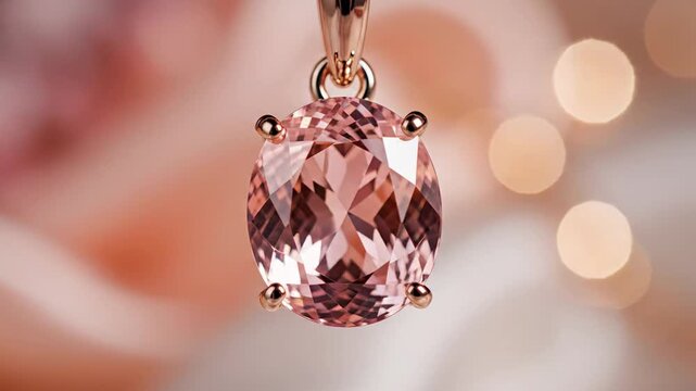 Close up of an elegant morganite pendant with a rose gold chain