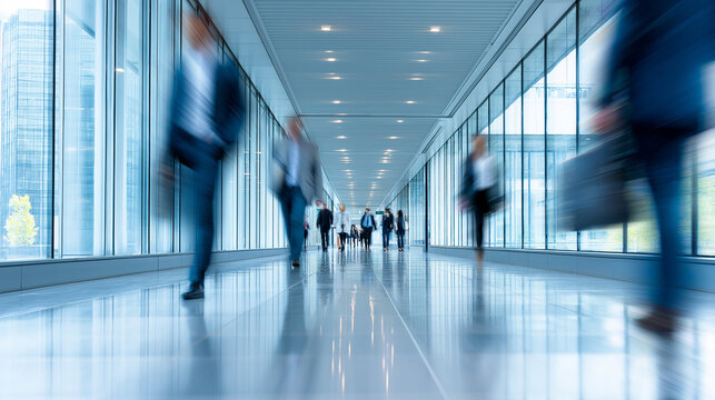 Blurred business people walking in modern glass corridor representing corporate workflow and movement
