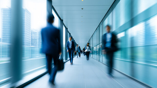 Blurred business people walking in modern glass corridor representing corporate workflow and movement