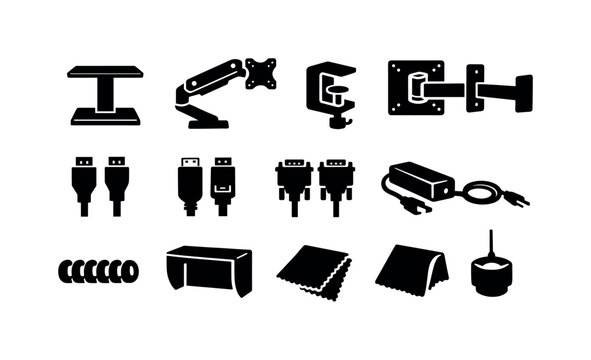 Monitor Accessories Icons. Solid vector icons of monitor accessories: monitor stand, arm mount, desk clamp, wall bracket, HDMI