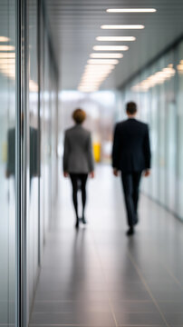 Blurred business people walking in modern glass corridor representing corporate workflow and movement