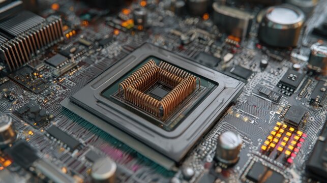 Close up of a central processing unit on a circuit board technology background