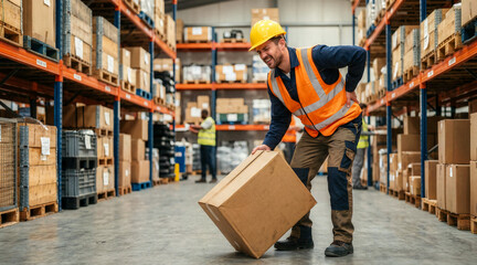 Obraz premium Warehouse worker experiencing lower back pain while lifting a heavy box. Male employee in a hard hat and safety vest grimacing from a muscle strain. Occupational hazard and workplace injury concept