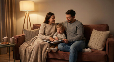 Obraz premium Smiling family enjoying cozy evening together on brown leather sofa with warm knit blanket, reading storybook in comfortable living room with ambient lamp lighting and hot beverages.