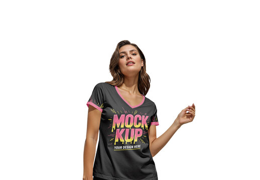 Woman In A V Neck T Shirt Mockup