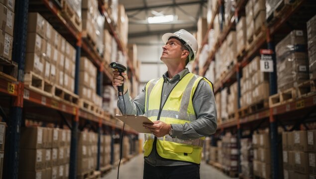 Experienced male warehouse worker in a hard hat and safety vest skillfully scanning high-shelf inventory with a barcode reader cross-referencing with a clipboard for precise stock control and efficien