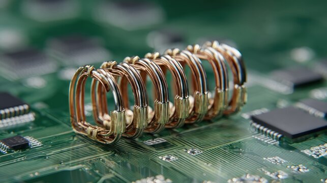 Close up of a copper coil inductor on a green circuit board background