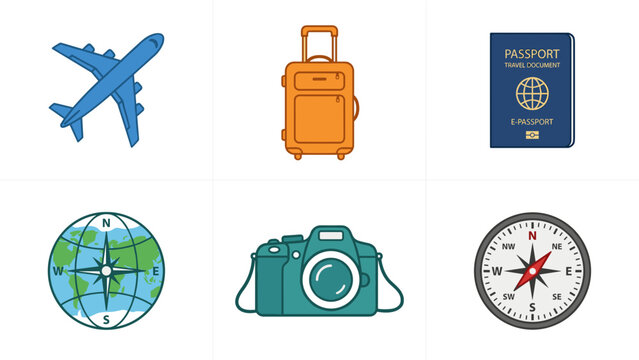 A set of travel icons including an airplane, luggage, passport, globe, camera, and compass on transparent background