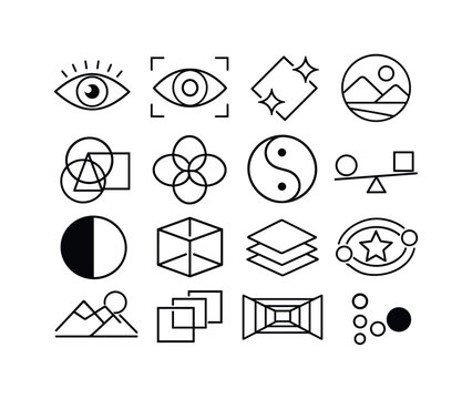 Line style icons of Creative visual thinking: vision, eye, focus, clarity; abstract, shape, form, balance; contrast, depth, layer