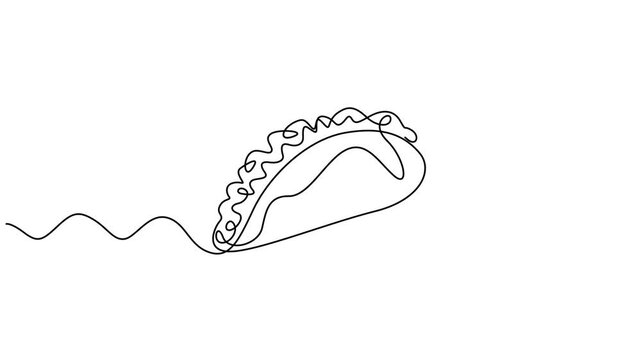 Animated self drawing of continuous line draw Tacos Mexican Food. Food and drink concept.  Full length one line animation. 4K, stylized Mexican tacos logo label. Emblem fast food nacho restaurant pro.